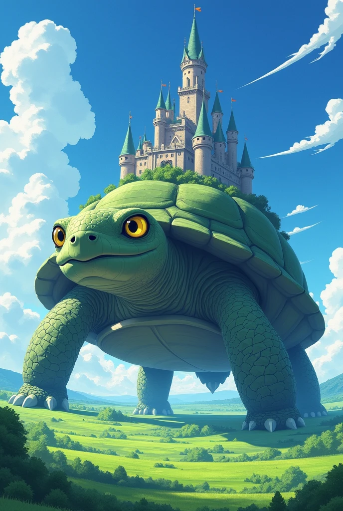 A beautiful giant castle and the place we are in has a lot of grass but it is on top of a giant shell. The head of this gigantic turtle is shaped like a tower, has big yellow eyes and a very bizarre mouth. Only the four legs are four very large towers. I wanted it so big that the city it is passing by looks small. The image has to be in anime and it is a beautiful day.