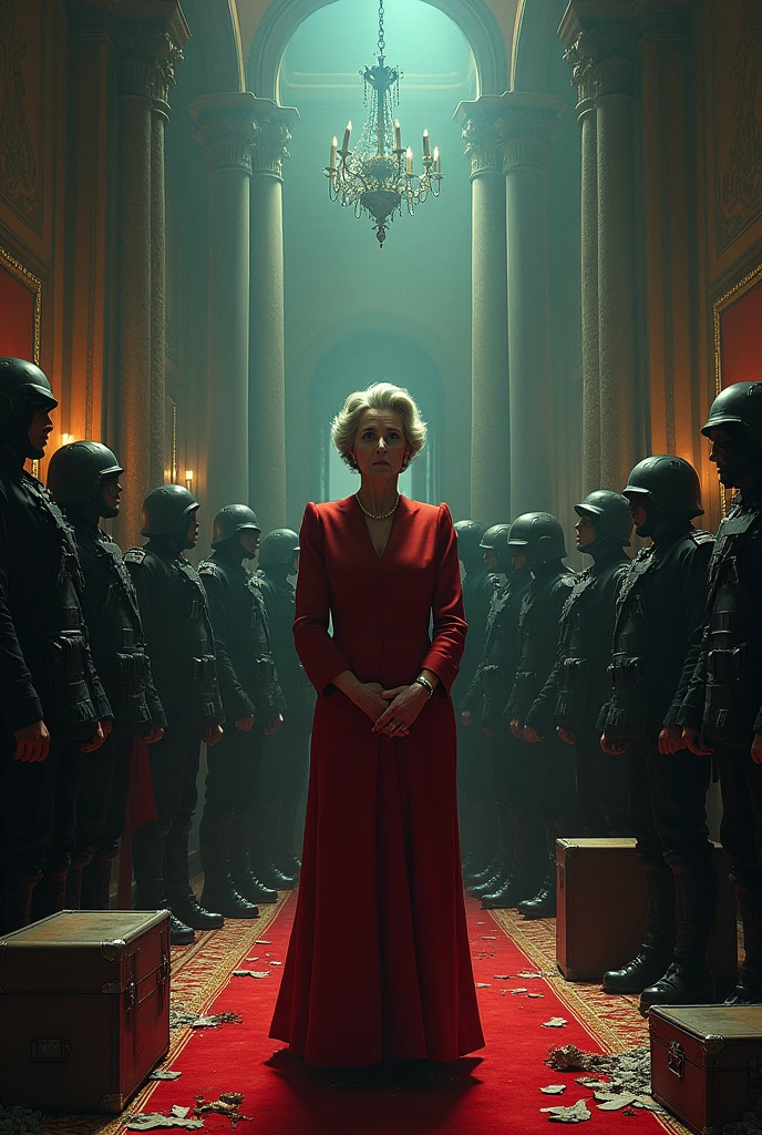 Central Figure: An older female dictator, dressed in elegant, refined clothing, but with a menacing and cruel expression. Her appearance is polished and sophisticated, contrasting with her oppressive actions.Oppressive Actions:Torture: Show dark, shadowy figures in the background inflicting harm or suffering on others. Depict scenes of torture subtly, such as shadows or silhouettes to suggest violence without explicit detail.Illegal Activities: Include elements like stacks of documents, briefcases filled with money, or shadowy figures engaging in secretive exchanges.Militarization and Para-Militia: Heavily armed police and para-militia troops surrounding the dictator. Their aggressive posture and equipment should convey control and intimidation.People’s Rebellion:Dynamic and determined figures of the people of Bangladesh breaking free from chains or barriers. They should be shown in vibrant colors, representing hope and liberation.Contrast and Color:Dark, oppressive colors around the dictator and her actions. Bright, vibrant colors around the people to signify their freedom and strength.Visual Effects:Elements like broken chains, shattered mirrors, and peeling wallpaper to symbolize the dictator’s crumbling power and the end of her oppressive rule.