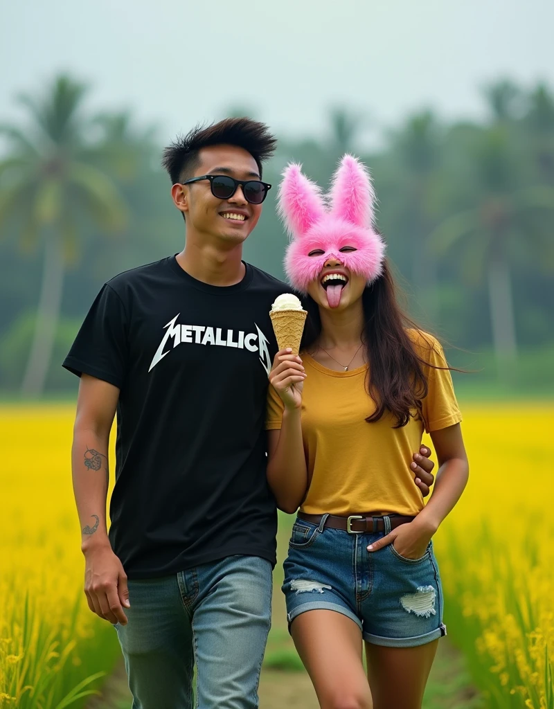 original photo. close up An Indonesian young man wearing a black Metallica t-shirt. Walking beside him was a young Indonesian woman wearing a pink feather mask. wearing casual clothes holding and licking ice cream with his tongue sticking out. atmosphere. rural rice fields. Ultra-realistic 8K photo, taken with Leica Q2, strong color contrast and sharp clarity --ar 9:16 --quality 2 --