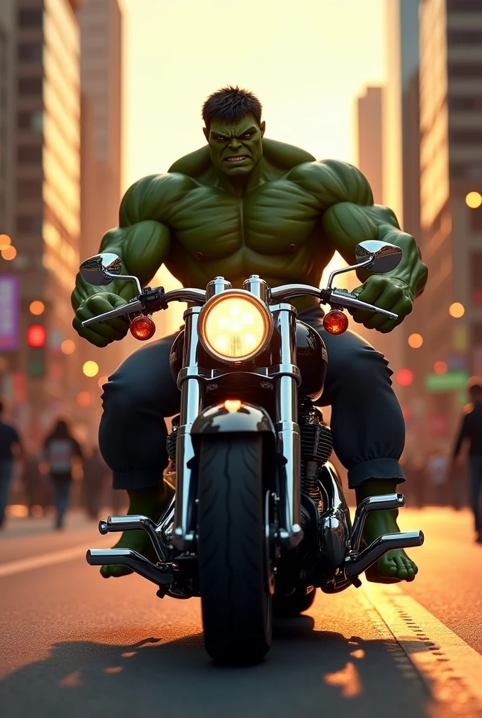 (photorealism:1.2),hulk riding a motorcycle in the city