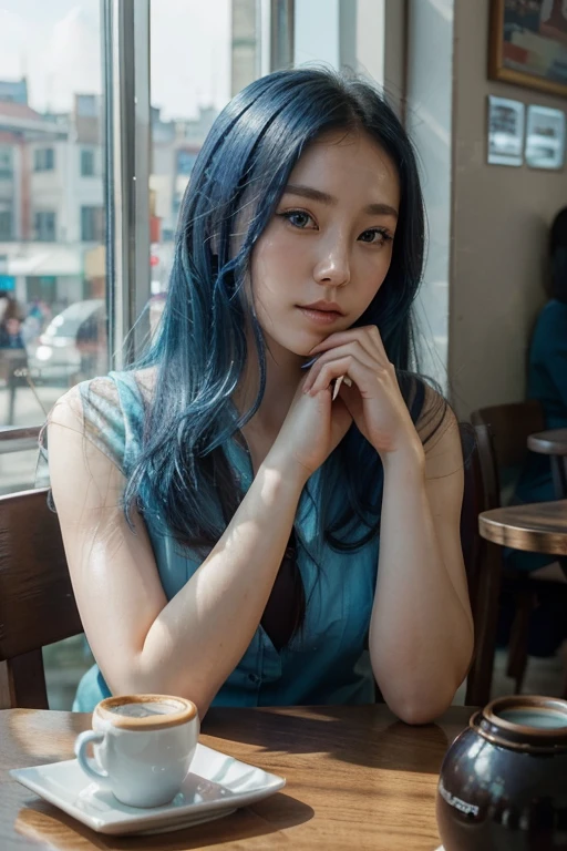 photo：Leegahyeon Korean woman sitting at the table in cafe，hand holding coffee window sunlight, blue hair, dynamic poses, Texture, pale skin, shiny skin, (Slim, small:1.2), [:(focus on face, Detailed face, Perfect eyes, looking at the audience:1.2):0.2], Realistic, film grain, best quality, masterpiece 