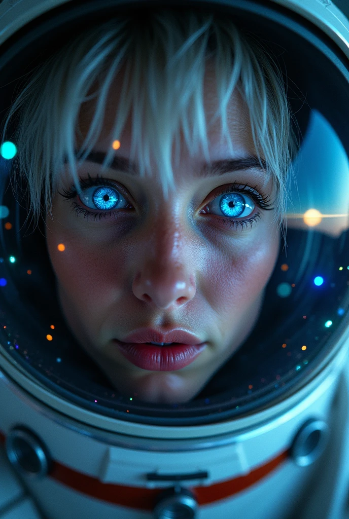 (Close-up of a better masterpiece:1.5)0.9], (Space and astronauts:1.2) (Messy silver hair:1.1) (Heterochromia xanthochromia and blue eyes:1.2) (Space Helmet:1.0) (Colored stars in the eyes:1.0) (A radiant glow:1.1) (thick lips:0.9)