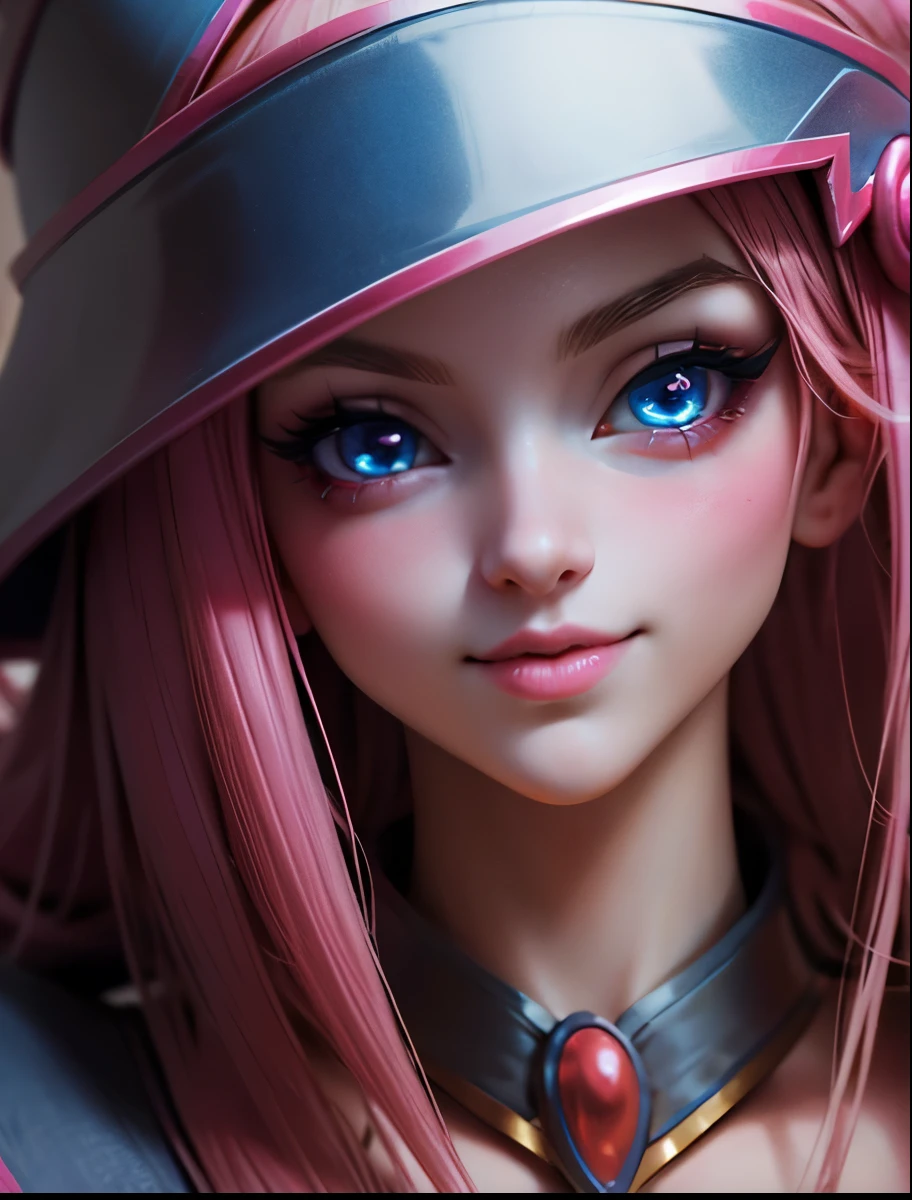 Create the beautiful face of dark magician gils. blue eyes. Extra long eyelashes. Thick Eyelashes. big eyelashes. pink lips. Tez blanca. blond hair. Tender girl smile. dark wizard gils
