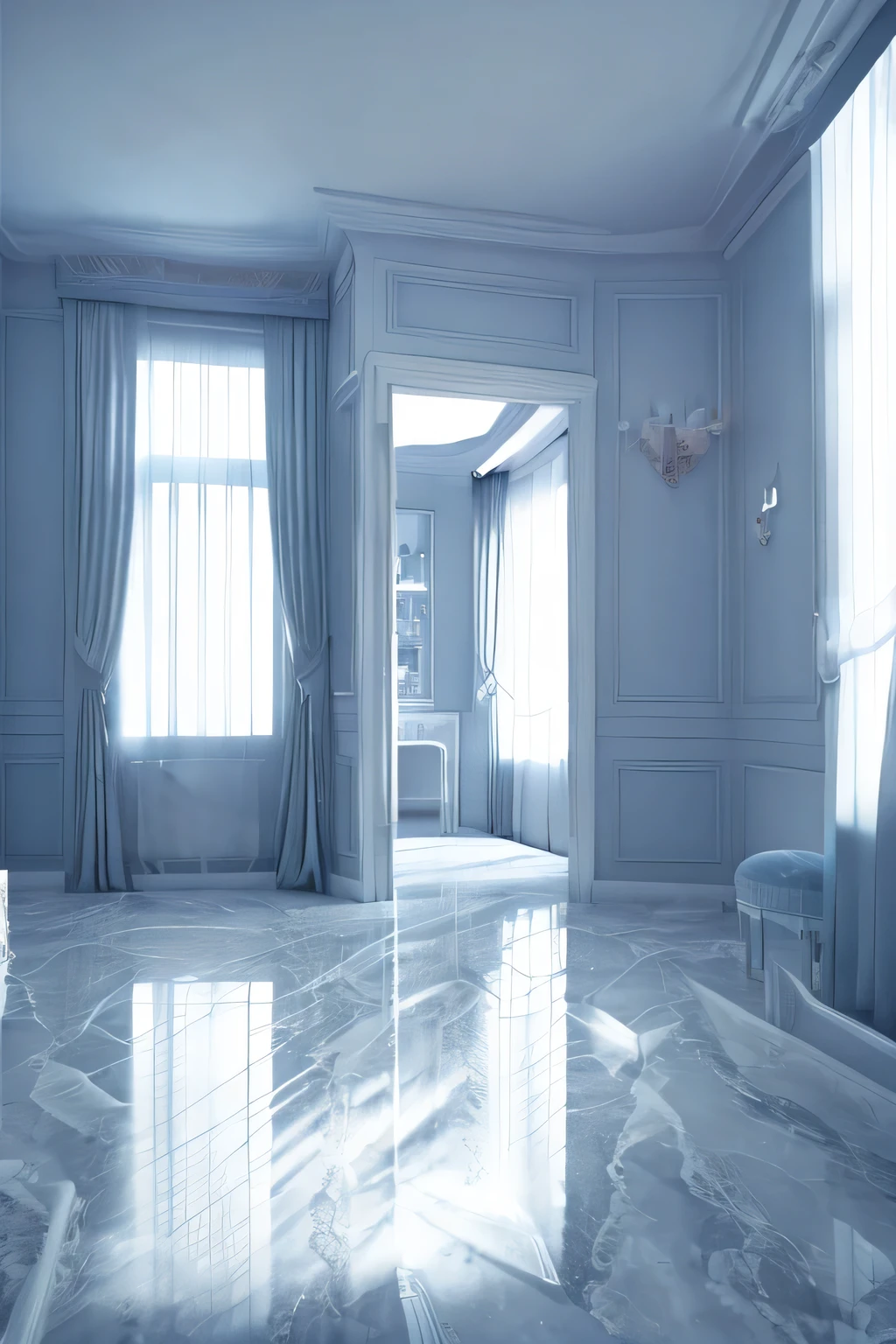 a white dreamy house, dressing room, retro, foggy, soft focus, year of 1995, cool lighting, muted pastel colors, glowing atmosphere, dramatic shadows, cinematic composition, dream-like quality, ethereal, romantic, soft focus photography, dark blue hour, midnight, windy, white marble, peony flower