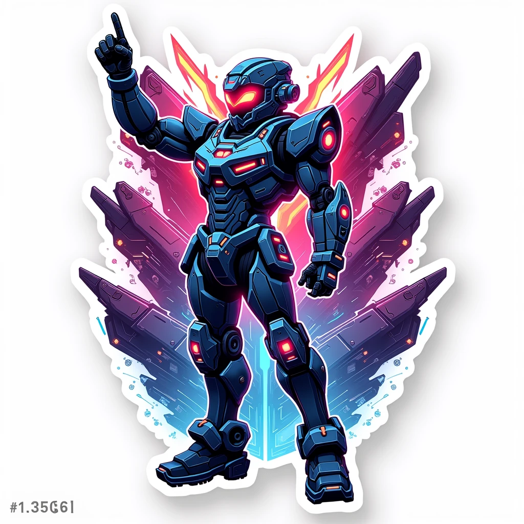  Sticker, "Believe in the me that believes in you!" - Showcasing a mecha pilot character making a heroic pose amidst futuristic technology, on a white background.