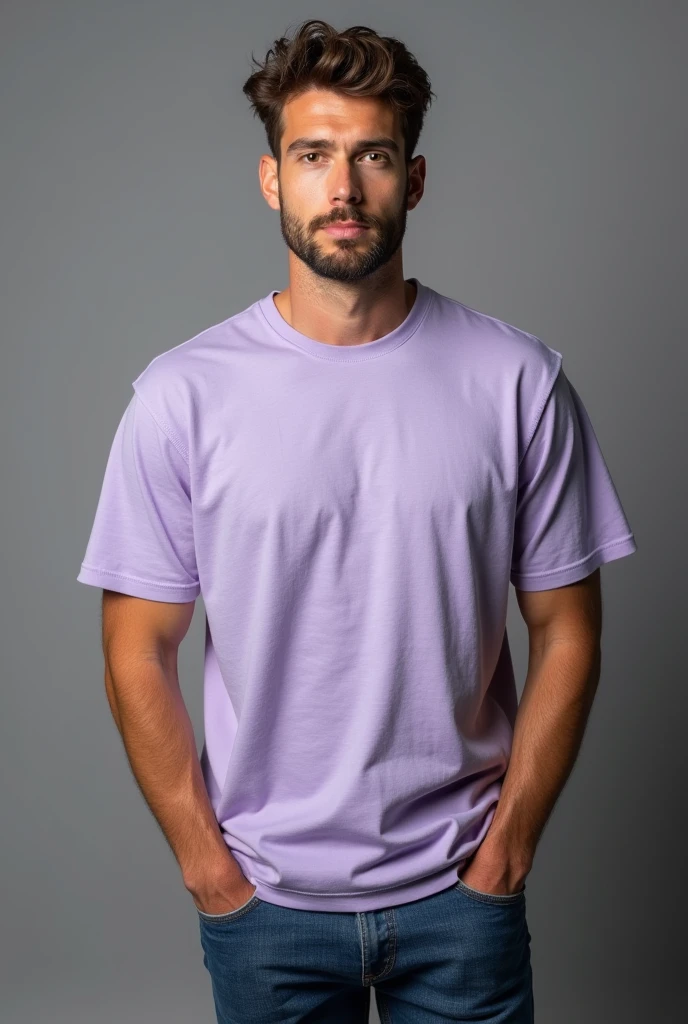 Handsome man, standing straight facing in front,wearing  levendar colour oversized t-shirt, denim pants, against greyish background, cotton texture of t-shirt, oversized tshirt,round neck, half sleeves. Cotton texture of t-shirt should be visible little bit.realistic photo. Hands should be out of pocket.