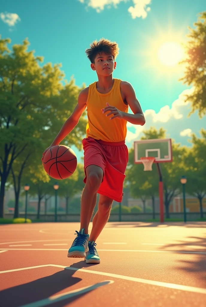 ultra realistic  filipino boy playing basketball

