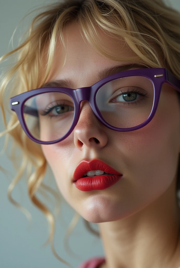cheveux blonds légèrement bouclés, lunettes sans monture, petites taches sous les commissures de la bouche, / remarque boucles d'oreilles lilas, bouche légèrement fermée, lèvres rouges, Surréalisme, Détails élevés, clair-obscur fort, grain du film, Panorama, ultra haute définition, précis, peau texturée.