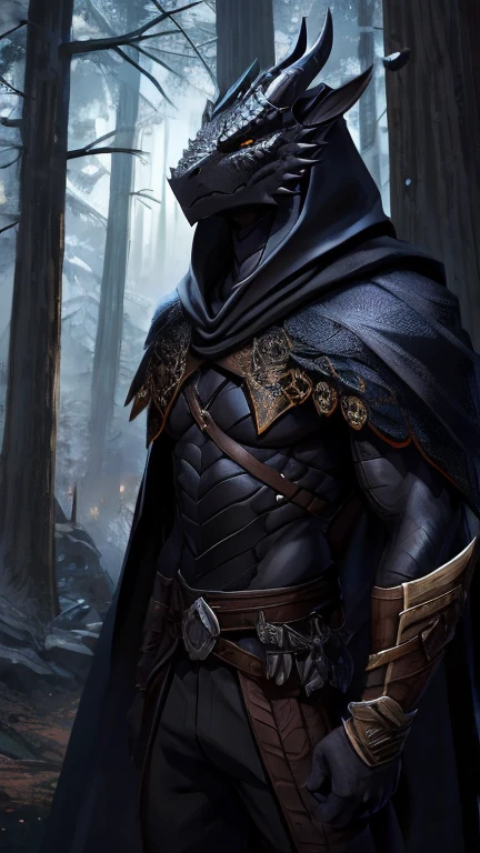 Black Dragonborn, wearing rogue clothes, forest scene at night, serious face, wearing clothes that cover their entire body with a long long cape, athletic body,