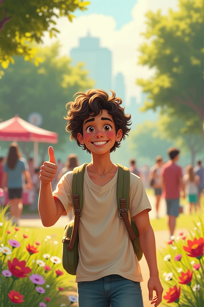 Show Hamza cheerfully making a promise to someone (like giving a thumbs-up) but then walking away distracted, forgetting about the promise.