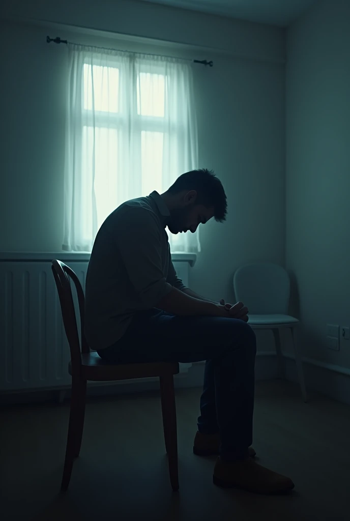 Here is a picture of a sad man alone, reflecting feelings of loneliness or sadness, in a simple environment with soft tones to highlight the melancholic atmosphere