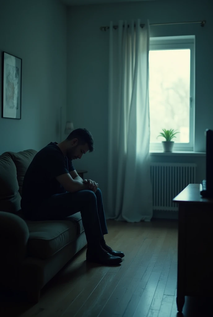 Here is a picture of a sad man alone, reflecting feelings of loneliness or sadness, in a simple environment with soft tones to highlight the melancholic atmosphere