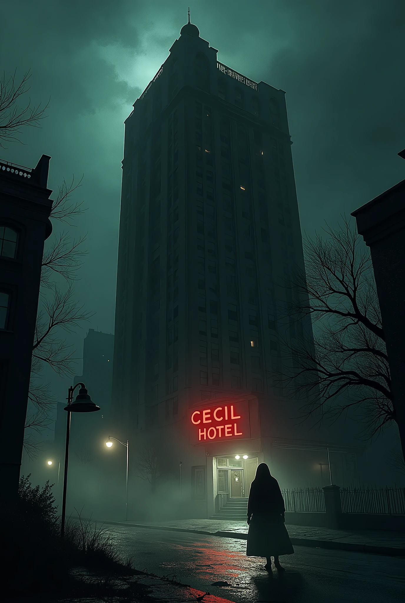 A dark, eerie view of the Cecil Hotel at night, with its old, imposing façade and a foreboding atmosphere. The hotel is dimly lit, with shadows creeping around the edges. In the foreground, add a shadowy, indistinct figure lurking near the entrance, as if watching. The scene should evoke a sense of dread and mystery, capturing the haunting legacy of the hotel.