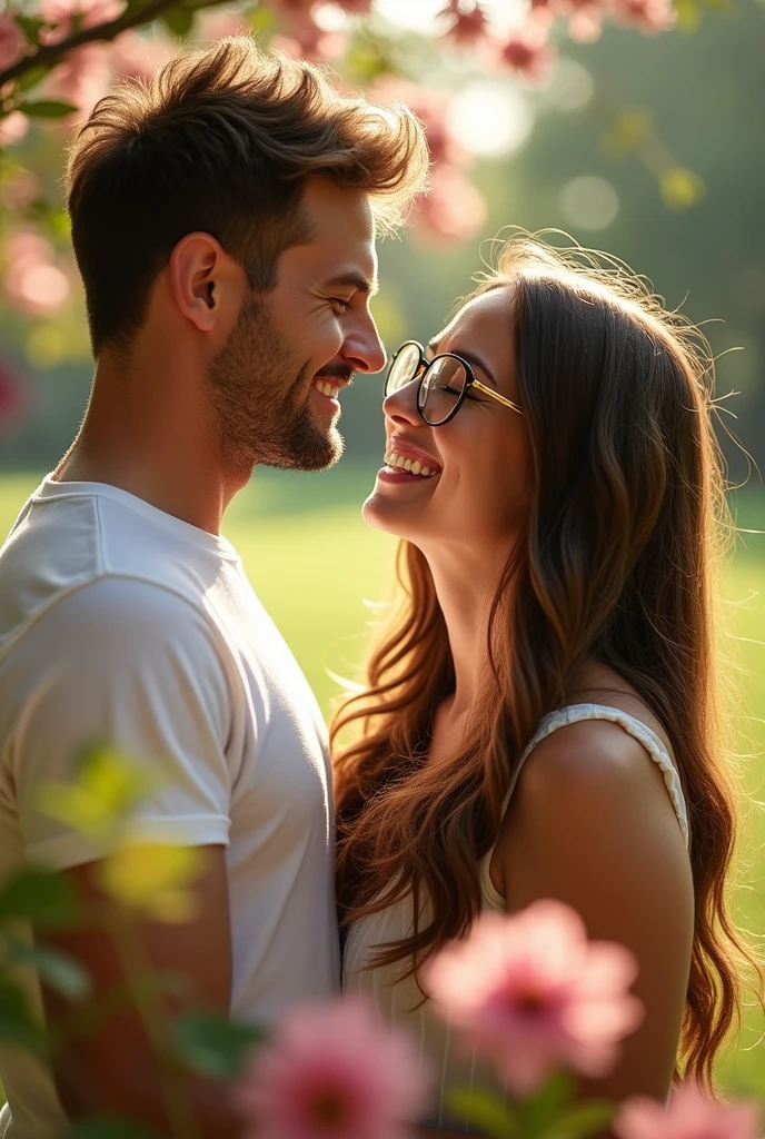 A couple smiling at each other. He short brown hair, she has long wavy brown hair. she wears glasses.