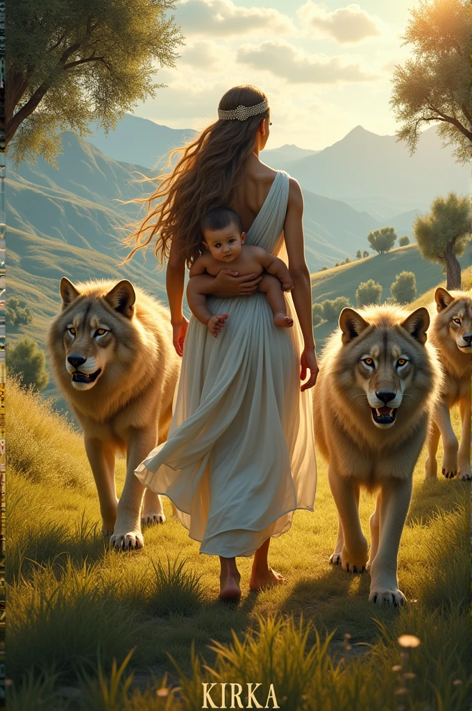 Image for book cover. For the work "Kirka". The goddess is a woman with a baby in her arms. is walking. the woman is depicted from behind.there are also wolves and lions. they are going together. animals are also depicted from behind. the surrounding landscape reflects the atmosphere of Greek mythology. Book cover design
