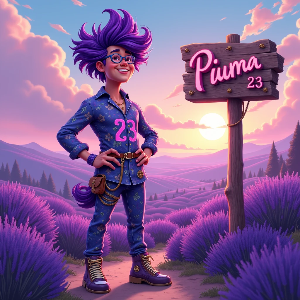 Please create an image with the name “Paulo Cola” AND the number “23", AND draw a sign with the name "Piuma", use purple as the main color theme.