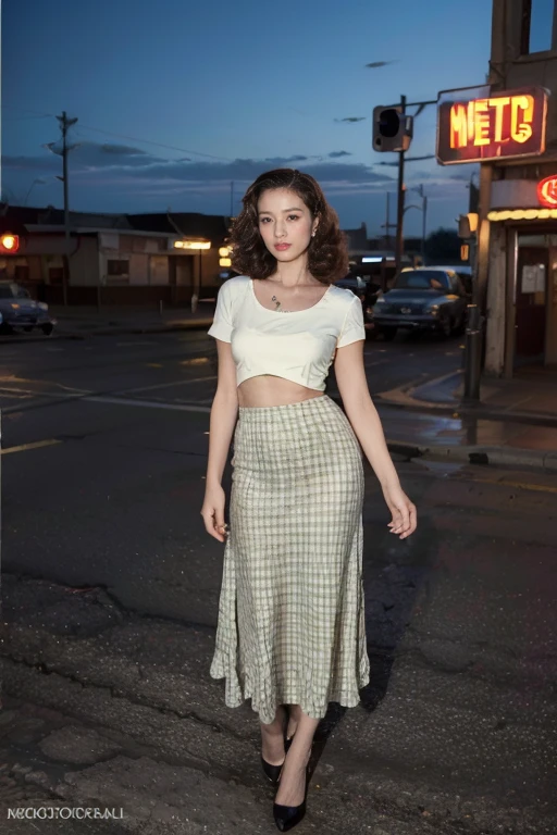 ((Original Photography:1.3))，1950 retro style，old movie style，Street scene in the United States in 1950，American Motel，Fashion portrait photos, 1 elegant lady,curls， Full body portrait，Spectacular neon lights，Standing elegantly on the street corner ，Perfect body，Long legs，Retro plaid long skirt，Real background，Highly integrated