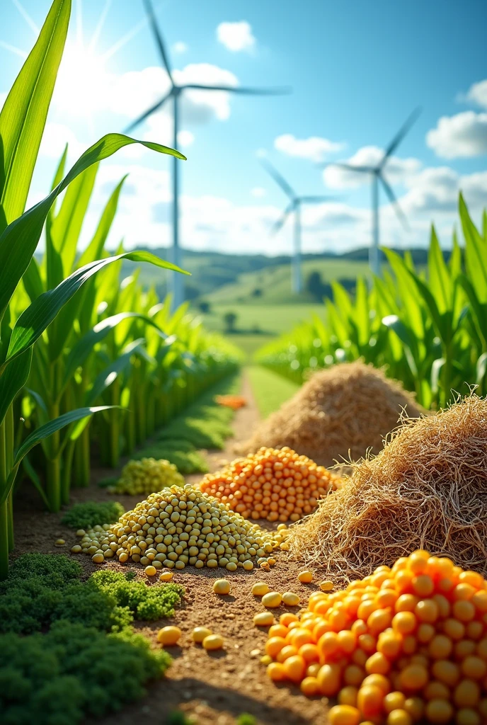 Give me an image of examples of crops and waste from which biofuels come