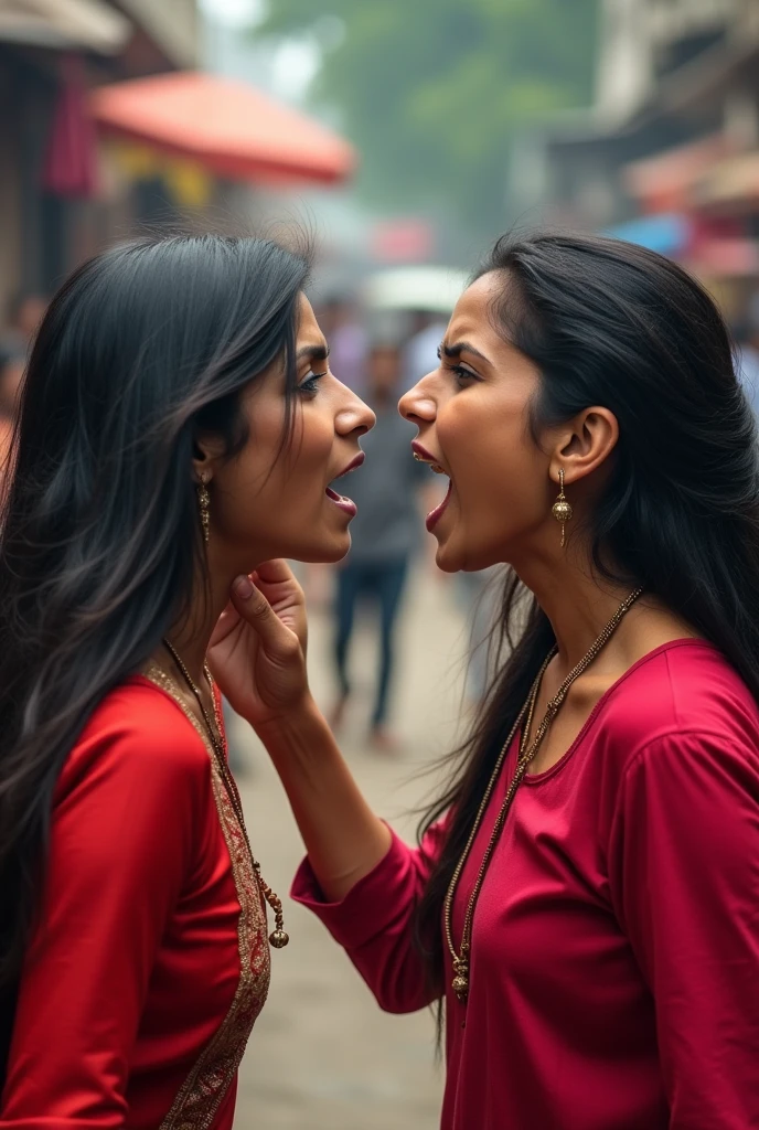 Two indian 30 year women, one women slaping others face catfight with angry face expression.