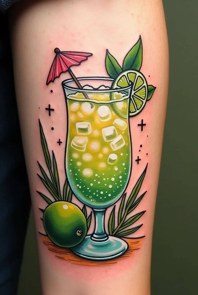 A tattoo of a caipirinha recipe with the ingredients separated by a dot sign + and the final result of the caipirinha