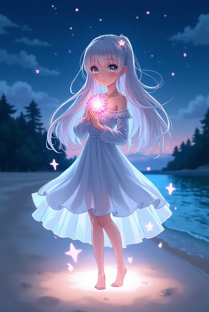 (masterpiece,Highest quality,,8k,High resolution),One female,(Beautiful Face,Beautiful Face)Beautiful eyes,Beautiful lips,,Silver blonde hair,,(Anime Girl)、flower,Sandy beach with a view of the forest,A bright night with stars visible,Mysterious light particles emitting from the body、Very mysterious light、jewelry,Holding,Long sleeve,necklace,Long Hair,dress,(whole body),Highly detailed anime art,A complete portrayal、