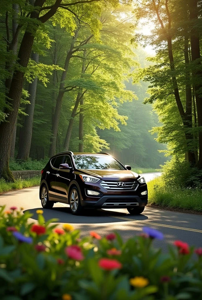 Hyundai santafe 2014 car on a long road in the forest