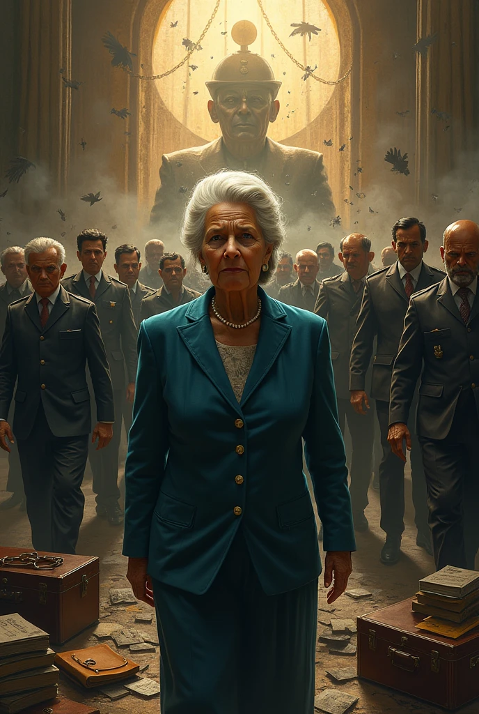 Central Figure: An older female dictator, dressed in elegant, refined clothing, but with a menacing and cruel expression. Her appearance is polished and sophisticated, contrasting with her oppressive actions.Oppressive Actions:Torture: Show dark, shadowy figures in the background inflicting harm or suffering on others. Depict scenes of torture subtly, such as shadows or silhouettes to suggest violence without explicit detail.Illegal Activities: Include elements like stacks of documents, briefcases filled with money, or shadowy figures engaging in secretive exchanges.Militarization and Para-Militia: Heavily armed police and para-militia troops surrounding the dictator. Their aggressive posture and equipment should convey control and intimidation.People’s Rebellion:Dynamic and determined figures of the people of Bangladesh breaking free from chains or barriers. They should be shown in vibrant colors, representing hope and liberation.Contrast and Color:Dark, oppressive colors around the dictator and her actions. Bright, vibrant colors around the people to signify their freedom and strength.Visual Effects:Elements like broken chains, shattered mirrors, and peeling wallpaper to symbolize the dictator’s crumbling power and the end of her oppressive rule.