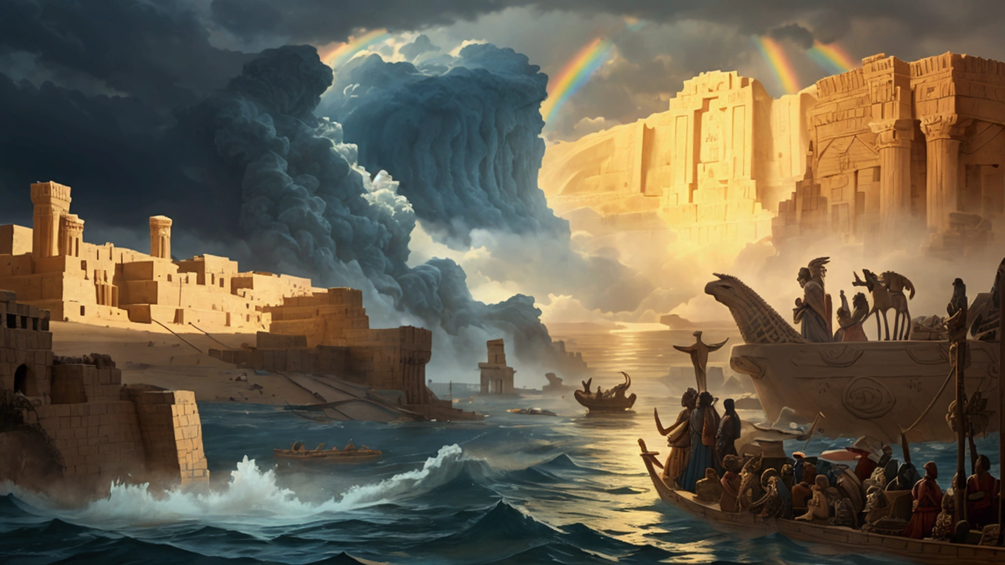 "Description: Illustrate a comparative scene showcasing both the biblical Great Flood and the Mesopotamian Epic of Gilgamesh. The visual should highlight the similarities and differences between these two narratives, symbolizing the shared elements and unique cultural adaptations.
Details: The left side of the image depicts the biblical Great Flood with Noah's Ark floating amidst turbulent waters, animals and humans looking out from the vessel, and a divine rainbow emerging from the clouds. On the right side, the scene from the Epic of Gilgamesh shows Utnapishtim's boat amidst the same chaotic floodwaters, with figures and animals aboard. The backdrop includes both ancient Mesopotamian and Hebrew landscapes, with a blending of visual motifs from each culture, such as cuneiform tablets and Hebrew scrolls. The lighting transitions from stormy and dark on the left to calmer and more serene on the right, emphasizing the narrative's progression and resolution."
