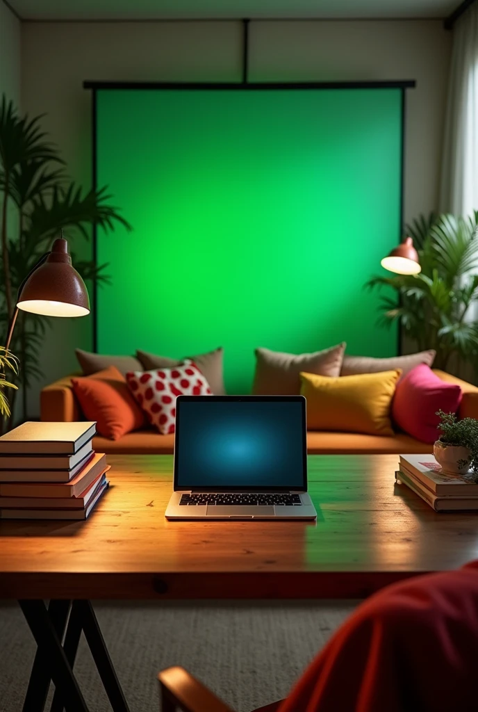 YouTube studio setup in a room. A laptop on the table and the books one by one. The back side of studio covered with greenscreen.
