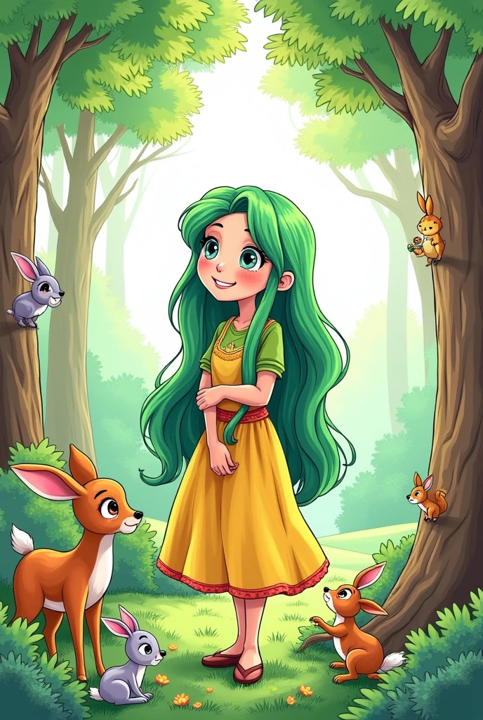 Verelia, the guardian of the forests, a young girl with long green hair (for children to color), Big and friendly eyes. He is standing in a forest clearing, surrounded by tall trees and animals like rabbits, deer and squirrels. The contours are clear and defined, ready to color
