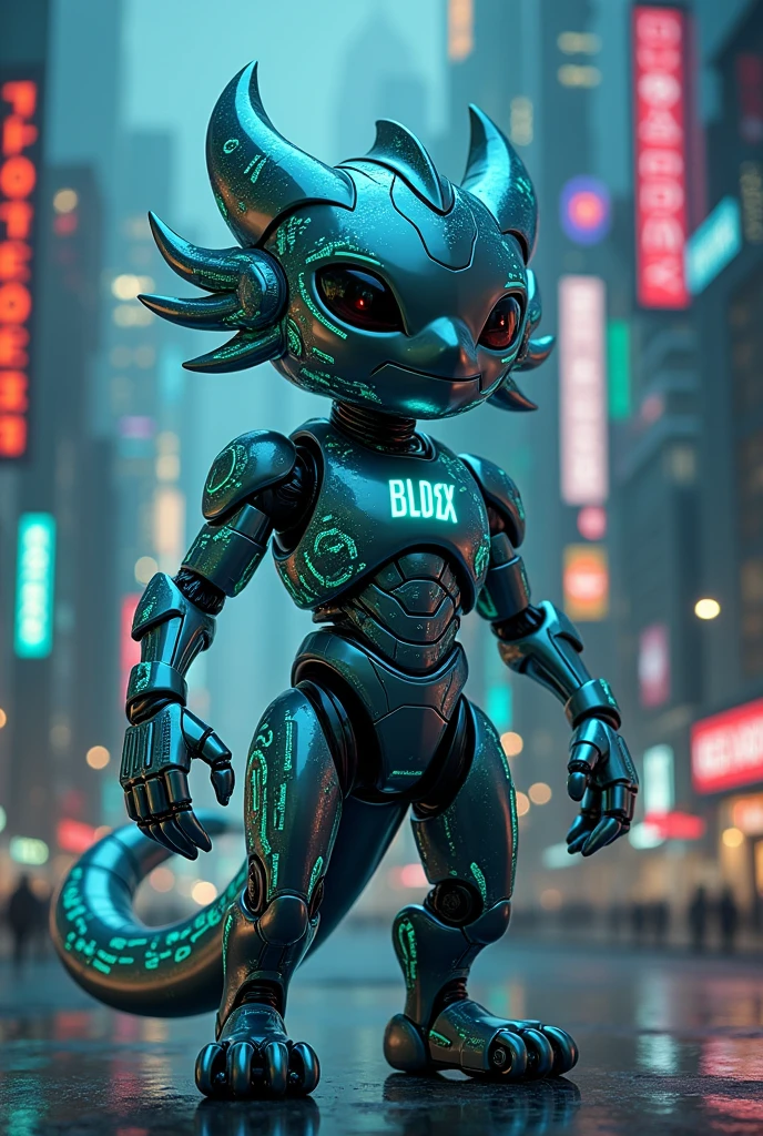 I need you to Design a unique cryptocurrency related mascot for the project (BLOCX),  with BLOCX written on the mascot's chest.  Here are some keywords "character/creature, realistic, futuristic, technical elements, AI"