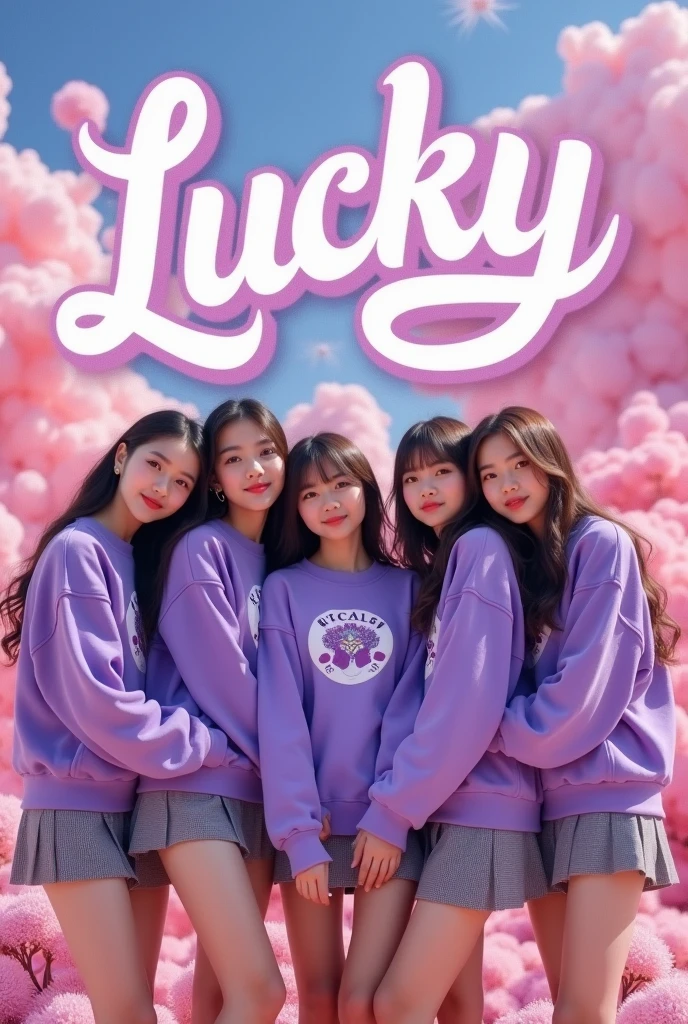 A cover that says [lucky] With the concept of the Korean group ILLIT of 5 age girls in an unreal view of nature with pink and purple tones and them in school clothes [Purple sweatshirt with white and a grey mini skirt]

