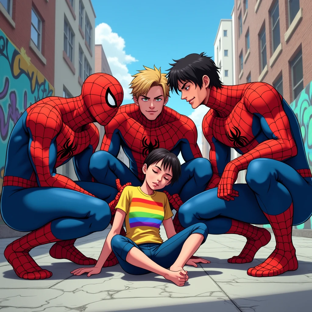 anime art: marvel art style, many masculine 20-year-old males with a big bulge, wearing spider superhero outfit , They're squatting down on top of a sleeping woman wearing lgbt shirt
