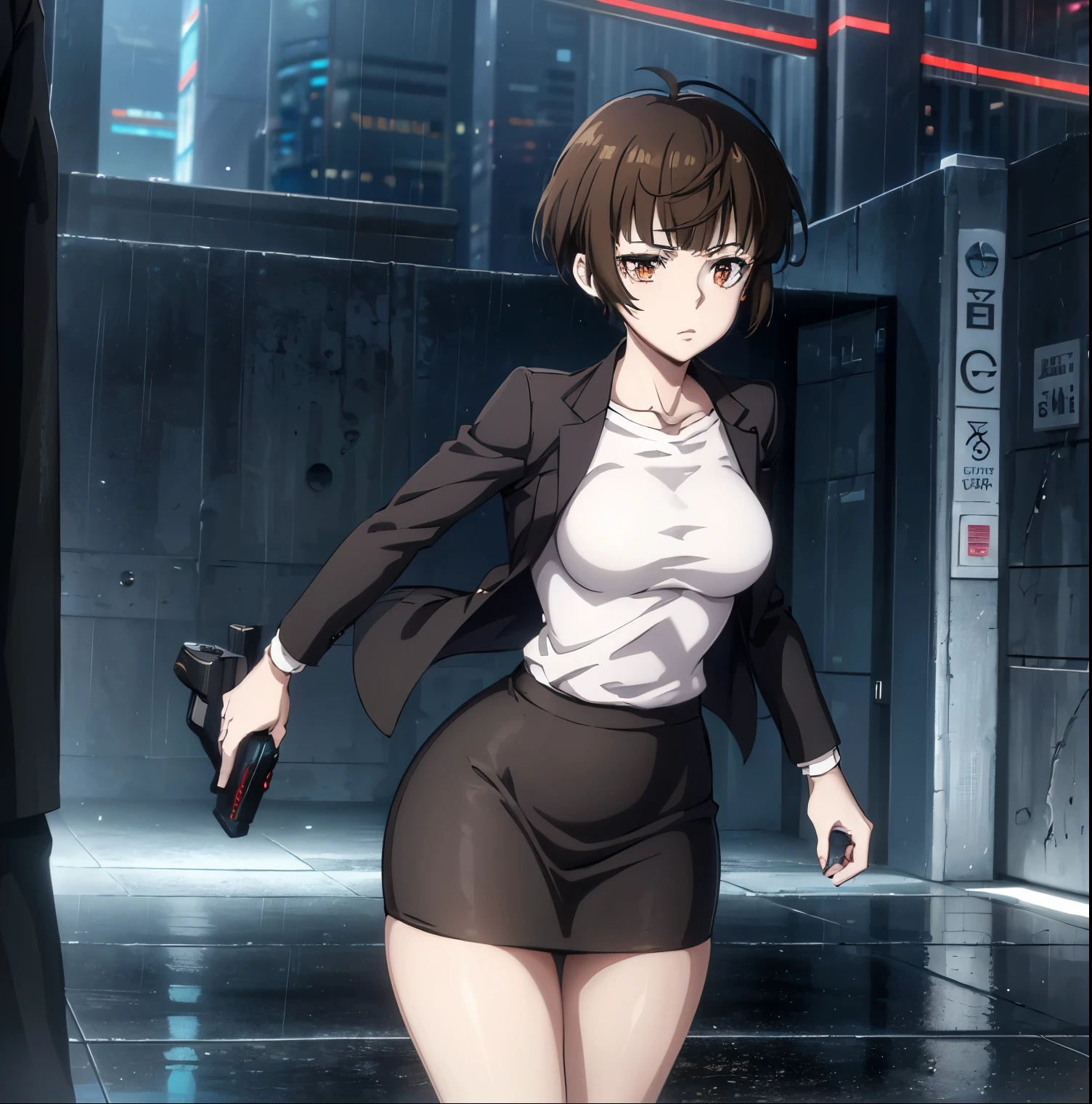 ((1girl)),((alone)),tsunemori akane, (psycho pass),(masterpiece), (best quality), (ultra detailed), (best illustration), (best shadow), (absurdities), focus sharp, cowboy shot, atmospheric perspective, depth of field, dynamic posture looking at viewer, medium breasts, narrow waist, wide hips, wide thighs, round butt, erotic, romantic, (highly detailed eyes, 1.1 lips), highly detailed eyes , eyes, Very detailed face, Very beautiful face, Symmetrical face, Aesthetic face, perfect face, perfect eyes, detailed eyelashes: 1.5), full height, beautiful slim figure, femininity, expressive appearance, elastic medium breasts, sexuality, half-open lips, brown hair, short hair, brown eyes, white skin, pencil skirt, skirt tight, white shirt, black jacket, open jacket, tight jacket, black pantyhose, black skirt, serious, walking, gun, holding gun, curves, defined body, perfect and beautiful body, perfect and beautiful, closed mouth, serious expression, grimace neutral, (sexy pose: 1.2), ((solo)), standing: 1.3,((outdoor, cybeppunk landscape, neon lights, cityscape, futuristic streets, futuristic city, light reflection, clouds, rainy, night, night lights the city)), looking forward, ((focus on hips)), point of view: (from below), perfect anatomy, perfect hands