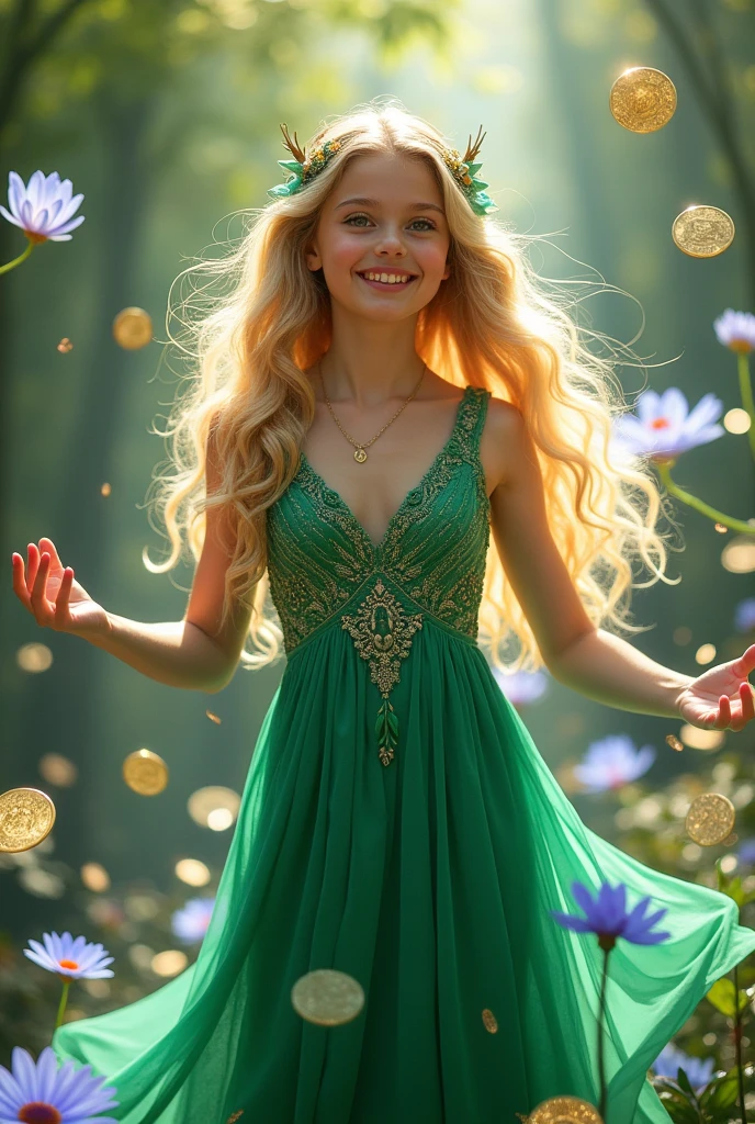 Beautiful girl in green colored very designful dress smiling black skirt and cute blonde with lots of gold giving gold coins and girl is the godess of creation, she is with water flowers and she is the creator