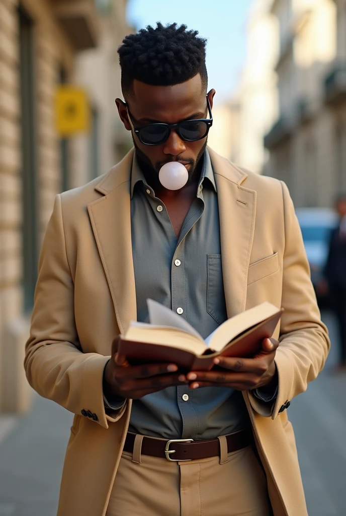 best qualityer:1.4), (ultra high resolution:1.2), (photorrealistic:1.4), (8k, CRU photo:1.2), a thin young man of 20 years old, skin black, with a smooth, beardless face, with short hair, with shaved sides and a low top, he is wearing a gray shirt and a long beige coat. He is wearing beige pants and a belt.. He is wearing dark sunglasses. It&#39;s making a bubble gum bubble. is reading a book 