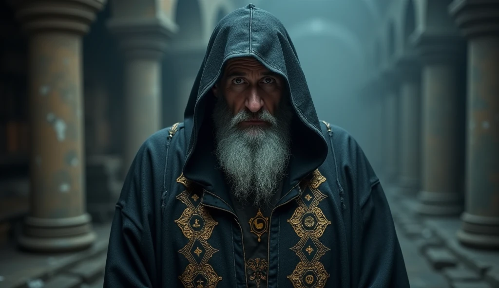 Create an image of an enigmatic character named Arimathea. He is a man of approximately 60-70 years old., with gray hair and a well-groomed beard, partially hidden by a hood that falls over their shoulders. He is dressed in a long, dark cloak, adorned with subtle details like ancient symbols or runes that glow faintly in the dim light. His eyes are deep and illuminated by a soft glow, transmitting hidden wisdom. The hood should add a touch of mystery by partially hiding your face.. The background is dark and foggy., with elements like old books, mysterious scrolls and artifacts, creating an atmosphere of secrecy and depth. Arimathea should display a serene and thoughtful expression, as if it were guarding deep and ancestral knowledge.