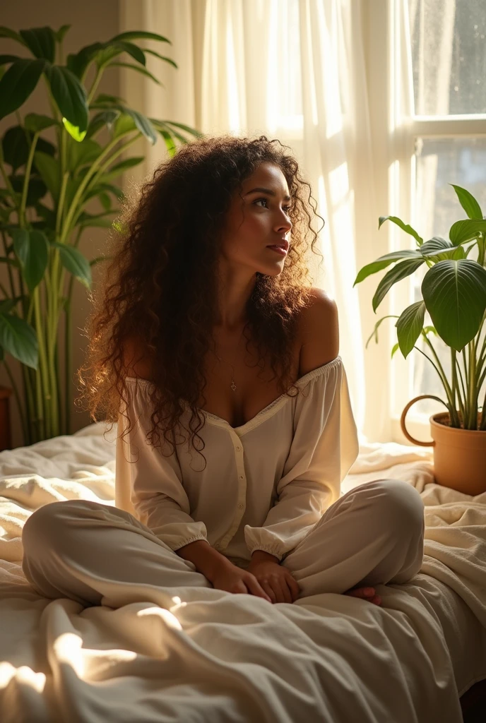 (photorealism:1.2), beautiful woman, sitting on bed, wearing loose off-shoulder top, pajama pants, long curly hair, indoors, soft lighting, plants in background, window with sunlight, cozy room, relaxed pose, realistic, intricate details, warm colors, by Greg Rutkowski, by Alphonse Mucha