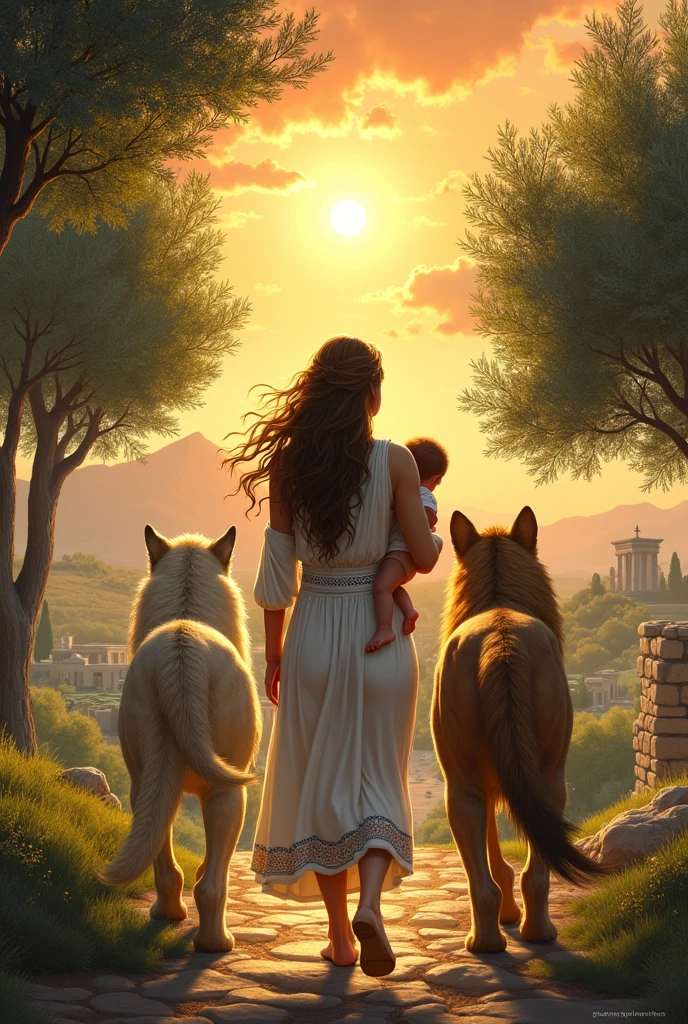 Image for book cover. For the work "Kirka". The goddess is a woman with a baby in her arms. is walking. the woman is depicted from behind.there are also wolves and lions. they are going together. animals are also depicted from behind. the surrounding landscape reflects the atmosphere of Greek mythology. Book cover design