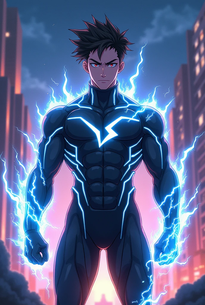 Beast powersuit anime young man with athletic build and strong biceps and veins and with strong power of white flames and black lightning