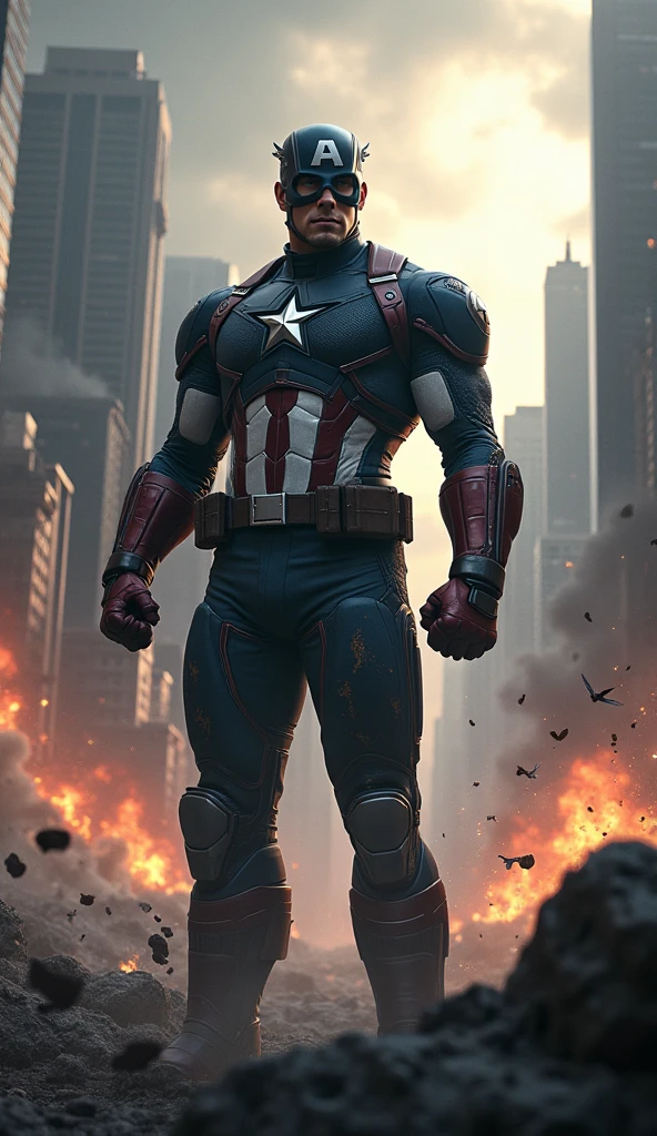 A high-quality, realistic image landscape, front shot, a big size captain America , post-battle damage scattered across armor, set against a backdrop of a ravaged futuristic cityscape, smoke billowing, scattered debris, contrasting the Armor's sharp lines, sharp shadows cast by the intense lighting of an explosion, captured in a realistic style, ultra-fine details.