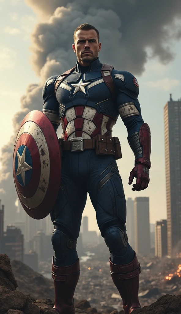 A high-quality, realistic image landscape, front shot, a big size captain America , post-battle damage scattered across armor, set against a backdrop of a ravaged futuristic cityscape, smoke billowing, scattered debris, contrasting the Armor's sharp lines, sharp shadows cast by the intense lighting of an explosion, captured in a realistic style, ultra-fine details.