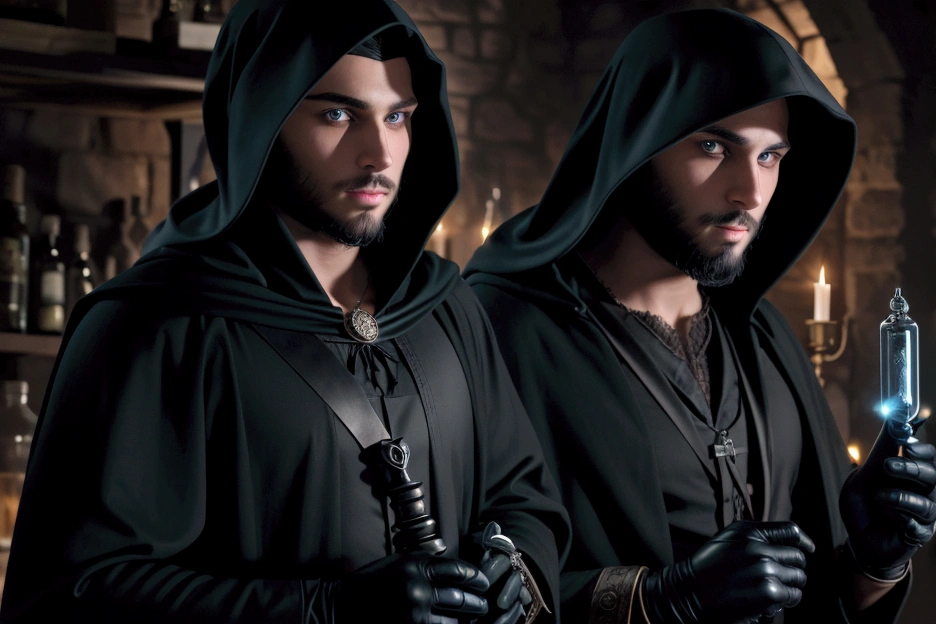 a young handsome european man black hair short beard blue eyes wearing a black noble cloth with hood cover his head with black gloves with a white rose brooch holding a green glowing vial tube in his hand in the medieval lab at night