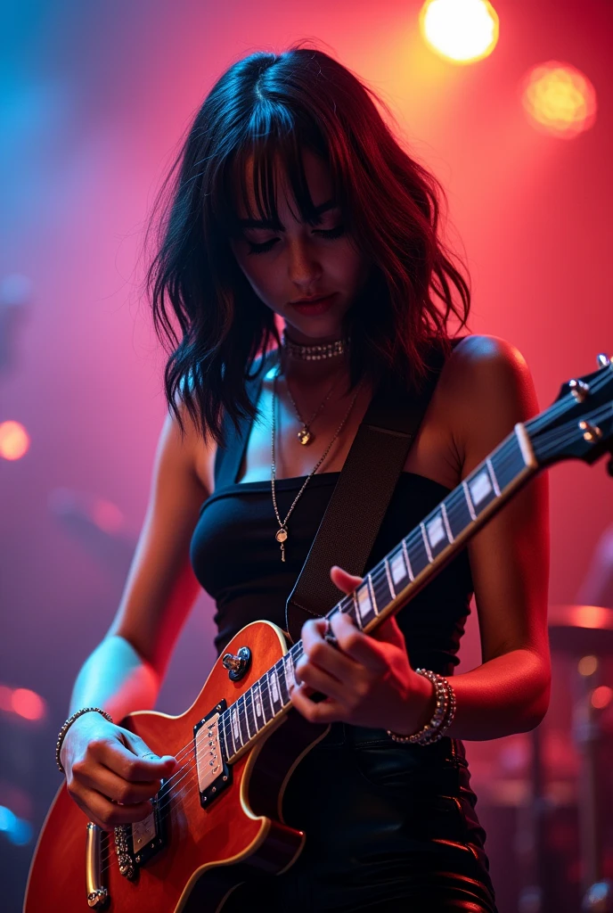 Topless girl with black shoulder length hair playing a Gibson Les Paul guitar 