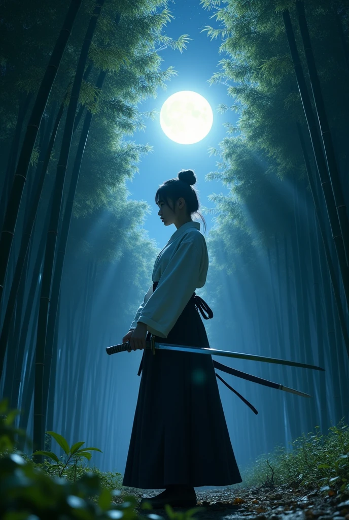 samurai, 1girl, Japanese sword, hakama, aesthetic, wide shot, cinematic lighting, ultra wide angle, moonlight, starry sky, bamboo forest,