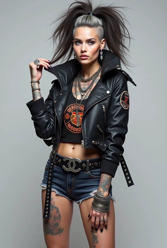 russian old milf woman, grey hair (top bun, shaved sides), with very light blue eyes, extremely pale. Wearing cropped padded black moto jacket with lots of zippers and badges on jacket flaps, cropped t-shirt with big motorcycle club logo, dark blue jeans with holes and pointy Chelsea boots with cuban heels . Silicone breasts. Lots of metallic bracelets, long pendants and lots of collars. Tacky leather belt with oversized chanel buckle. Long earrings.toned abdominals, thin legs and thin arms. Tattoed chest, hands, belly and arms.