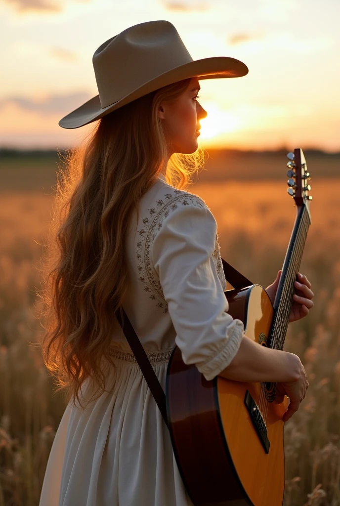 dutch woman, Look at the horizon, long hair, chemise, hat, fild, guitar in hands, Scenario