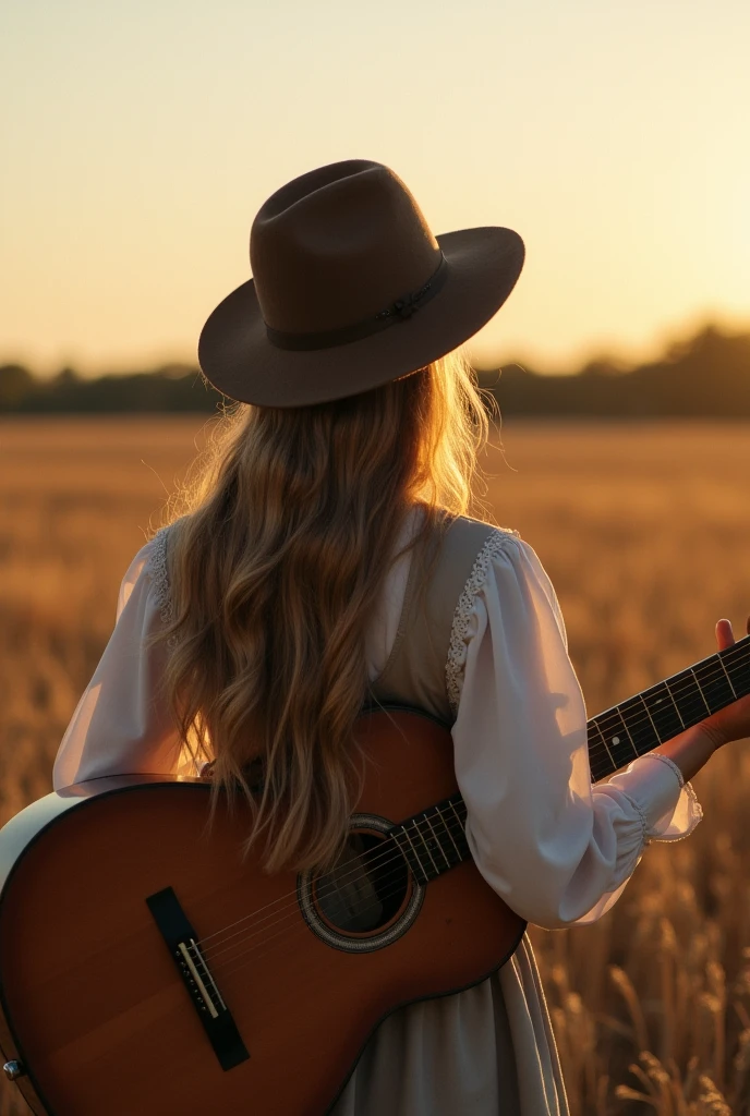 dutch woman, Look at the horizon, long hair, chemise, hat, fild, guitar in hands, Scenario