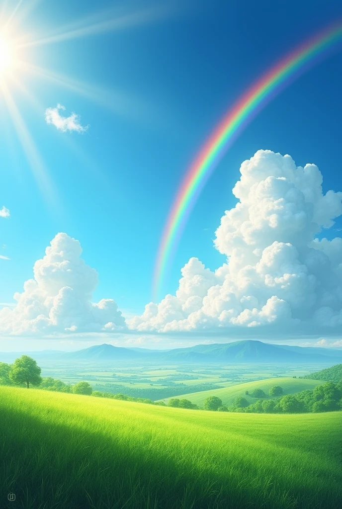 Landscape with blue sky, nuvens, soleil et arc en ciel et en bas avec du pelouse vert