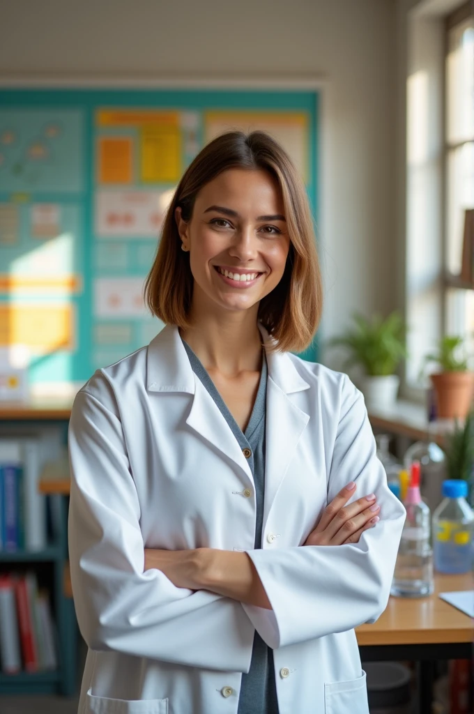 Sesi teacher with straight hair with hair color being cappuccino short maga with white coat woman